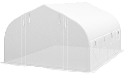 Outsunny Invernadero de Túnel 4x3x2 m Invernadero de Terraza Invernadero de Huerto con Puerta de Malla 8 Ventanas Techo Puntiagudo Persianas y Enrollables para Cultivos Plantas Verduras Blanco
