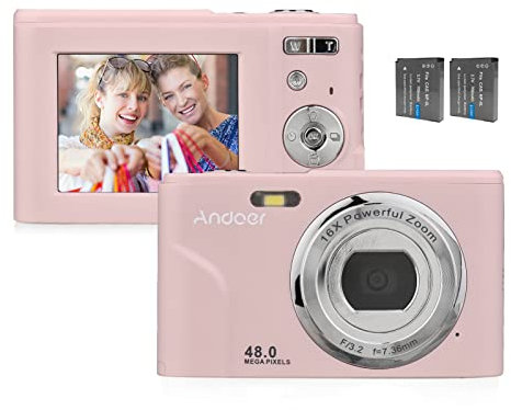 Andoer Portable Digital Camera 48MP 1080P 2.4-inch IPS Screen 16X Zoom Auto Focus Self-Timer 128GB Extended Memory Face Detection Anti-shaking with 2pcs Batteries Hand Strap Carry Pouch