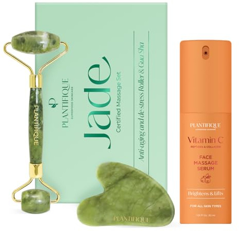 PLANTIFIQUE Jade Gesichtsroller und Gua Sha Stein Set für Lymphdrainage und Massage Gesicht, Augenroller & Vitamin C Serum Gesicht Korean Skin Care Anti Aging Gua Sha Massage Face Serum, 30 ml