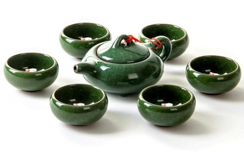 Set da tè cinese in ceramica screpolat- set da tè in ceramica Koi retrò, Set teiera e tazze Kung Fu teiera fatta a mano in porcellana e 6 tazze da tè (Verde Scuro, Scatola ecologica)