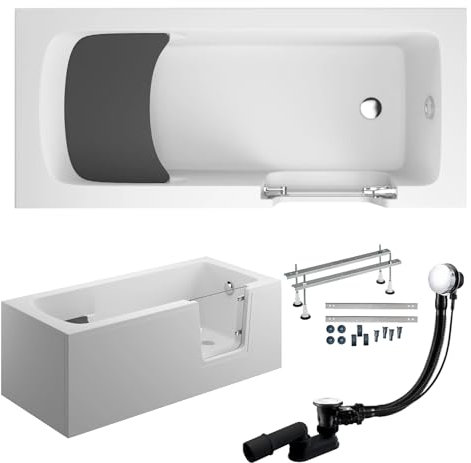 BADLAND Premium SET 6in1 Badewanne Rechteck Acryl Weiß Wanne, Seniorenbadewanne mit Glastür und Holzsitz AVO 170x75 cm, Rechts mit AcrylSchürze, Made in EU, mit Ablaufgarnitur und Füßen