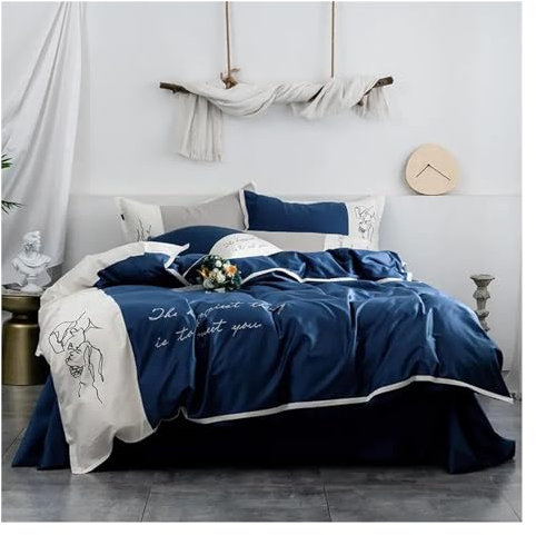 Fitlin 60er Jahre Baumwolle Stickerei Bettwäsche Set Queen King Size Erwachsene Bettbezug Bettlaken Set Kissenbezug, Bettwäsche(Blu,King)