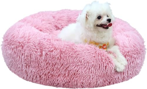 Hundebett Rund 70cm Waschbares Plüschbett für Große Katzen und Kleine Hunde | Langplüsch Extra dicke PP-Füllung Hohe Rücksprungkraft Rutschfester Boden Maschinenwaschbar Plüschbett für Hunde bis 14 kg