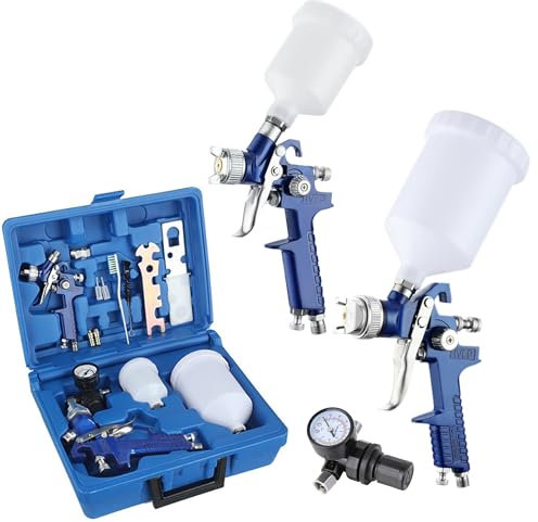 2 Set Professional Paint Sprayer, Adjustable HVLP Gravity Feed Paint Spray Gun, Air Spray Gun Kit with 0.8mm 1.4mm Nozzles, 125ml & 600ml Cups, Pressure Gauge for Car Furniture