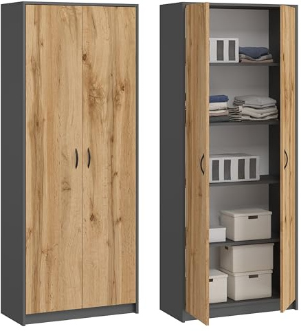 KUBUTKU Armadio multifunzionale per la casa, armadio guardaroba, da ufficio e per documenti con 2 ante e 5 scomparti, 180 x 74 x 35 cm (Grafite/Rovere Wotan)