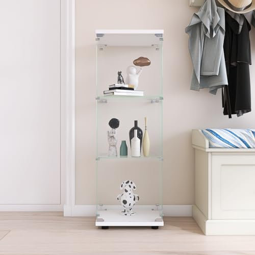 RWUDV Glasvitrine in Weiß, 125x43x37cm, Modern Vitrine mit 3 Regalen, 1 Türen Glas Vitrine Vitrinenschrank, Glasschrank Standvitrine aus Gehärtetes Glas und Holz, für Wohnzimmer