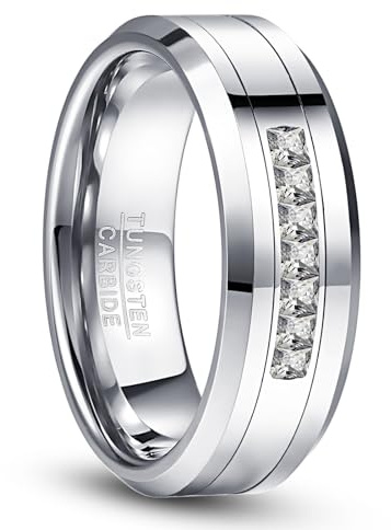 NUNCAD Bague Homme en Tungstène Carbure et Titane 8mm, Alliance avec 7 Pierres Zircon Cubique Blanc, Confort Fit, Bord Biseauté, Anneau Argent Mi-Éternité, Taille 60(19.1)
