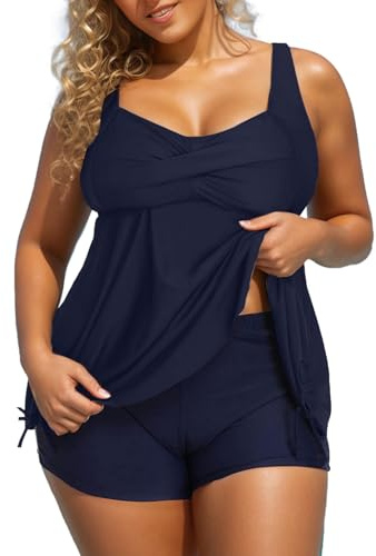 Generico Tankini dam två delar vadderad BH plus storlek tankini tvådelad push-up strandkläder sommar baddräkter strand kurvig baddräkt dam elegant simtopp och shorts, Mörkblå, 3XL
