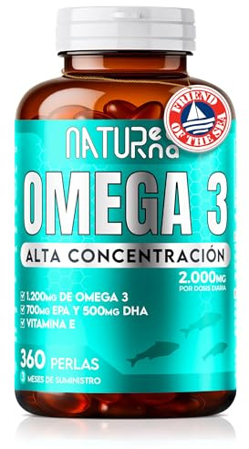 NATURENEA® Omega 3 capsulas 2000mg de Aceite de Pescado Salvaje FOS Sin GMO | 360 Perlas de Alta Concentración | 1200mg de Ácido Grasos Omega 3 epa y dha | Salud Cerebral, Visión, Corazón, Colesterol