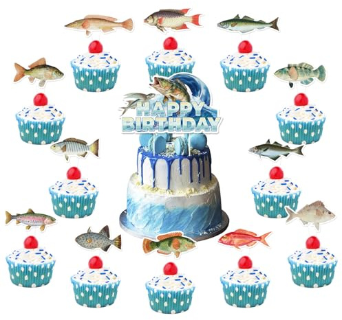 Sea Fish Cake Decorations Set, Ocean Sea Realistic Plenty of Fis Theme Party Supplies Include Fish Happy Birthday Cake Cupcake Toppers for Boys Kids Men Fisherman Fishing Theme Party Supplies