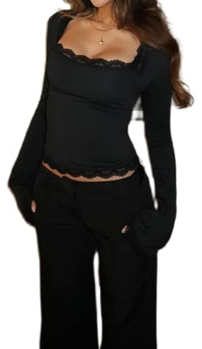 Yoisdtxc Women Cropped Lace Trim Tops Long Sleeve Square Neck Shirt Vintage Going Out Crop Top (A-Black, M)