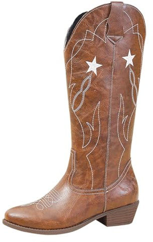 HOOUDO Stivali Invernali,Stivali Equitazione Donna,Eleganti Cowboy Scarpe di Media Altezza Cowboy Stivaletto con Tacco a Blocco Texani Stivaletti con Fibbie Anfibi