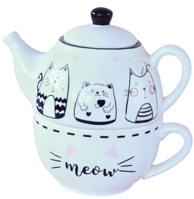 WEKADRIN Set Teapot in Ceramica Bianca Motivo Gatto Unico ed Elegante per Decorazione della Casa e Uso Quotidiano