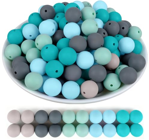 Artecreativa 100 Stück 15 mm Silikonperlen zur Schlüsselanhängerherstellung,Große Runde Silikonperlen,blaugrün Silikonperlen, für DIY Armbänder Stifte Schlüsselbund Handwerk Herstellung