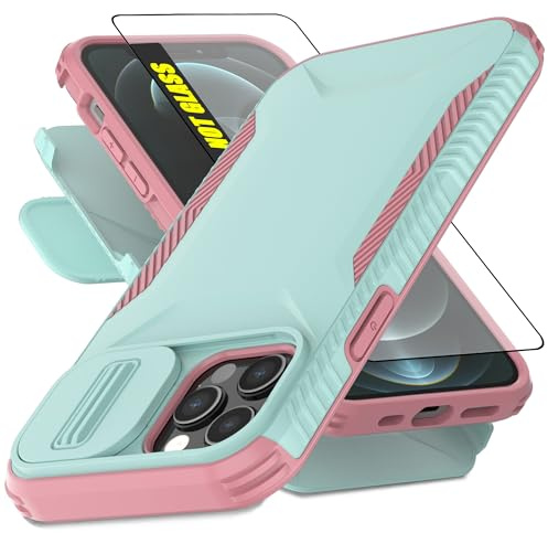 AWZHYDT for iPhone 12/12 Pro Case | Built-in Slide Camera Cover & Screen Protector [2 in 1] Heavy Duty Rugged Shockproof Protective Cover for iPhone 12/12 Pro 6.1''(Cyan/Pink)