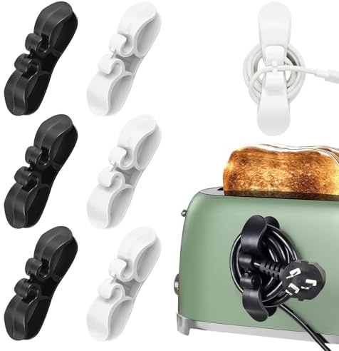 6 Clip Cavi Autoadesivi Organizzatore Cavi, Avvolgicavi & Portacavi per Dispositivi, Accorciacavi per Elettrodomestici Cucina, Nero & Bianco
