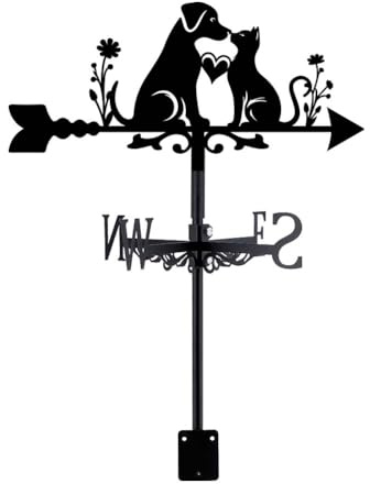 Cat Dog Weather Vane Animal Weathervane Black Metal Weathercock Cute Pet Wind Vanes Garden Art Decor Garden Decorative Wind Direction Sign for Roof Farmhouse Yard Outdoor Patio Decoration