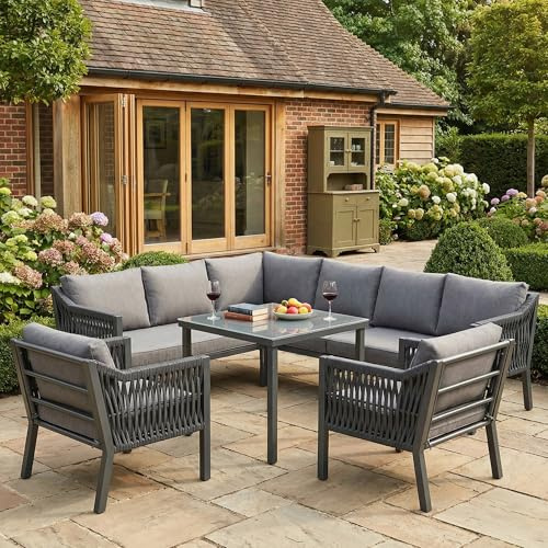 Merax Gartenmöbel Set 8 Personen Garten Essgruppe mit Ecksofa & Esstisch, Outdoor Lounge Set mit Glastischplatte, verzinkter Eisenrahmen Gartenmöbel, handgewebte Seil Armlehnen, Grau