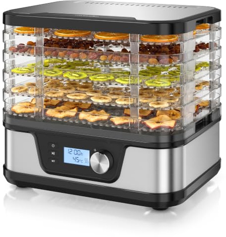 Arendo - Dörrautomat Edelstahl mit Temperaturregler - Edelstahl Dörrgerät für Lebensmittel Fleisch Früchte Gemüse - mit Timer bis zu 24 h - 35-75 Grad - 5 Einlegefächer - GS - Dehydrator - BPA frei