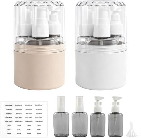 Gyism 2 stycken 4-i-1 resedispenser för fyllning med 4 x 50 ml reseflaskor i hårt skal och etiketter, resestorlek kosmetisk behållare för resor kontor resor Essentials (beige + grå)