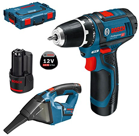 Bosch Professional 12V atornillador a batería GSR 12V-15 + aspirador a batería GAS 12V-LI (2 baterías 2,0 Ah, L-BOXX)
