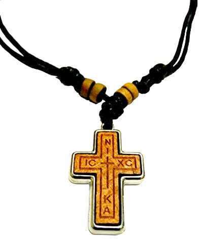 IconsGr Double face chrétienne Orthodoxe Grec Religieux en bois - Collier avec pendentif Femme - Croix Crucifix /7