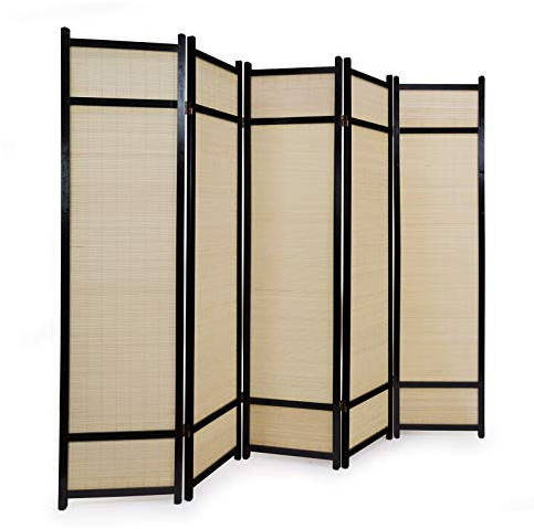 Homestyle4u 387, Paravent 5 teilig Bambus Holz Schwarz Sichtschutz Raumteiler