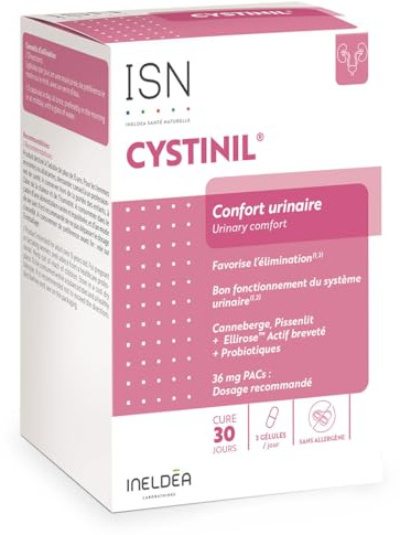 ISN Cystinil Complément Cranberry Pissenlit Probiotiques Cure 30j | Confort urinaire, extrait breveté Ellirose hibiscus, 36 PACs, sans gluten OGM