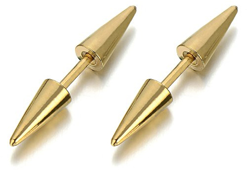Color Oro Doble Pico, Enchufe Falso Fake Plug, Pendientes de Hombre Mujer, Aretes, Acero, 2 Piezass