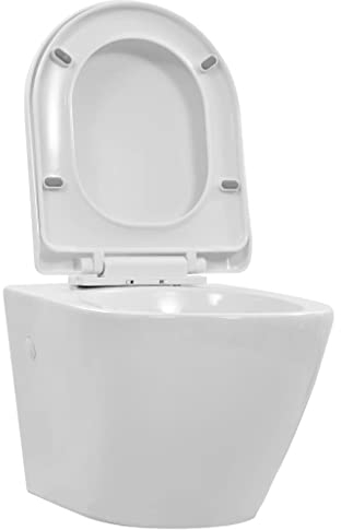 vidaXL Inodoro de Pared sin Bordes Suspendido Váter para Baño Fácil de Limpiar Cierre Suave Tapa Automática Ahorrar Espacio de Cerámica Blanco