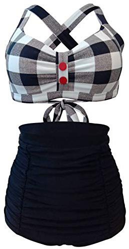 Laorchid dam bandeau bikini set sexig hög midja badmode push up baddräkt vadderad retro nackhållare tankini, Svart vitt rutnät, 40