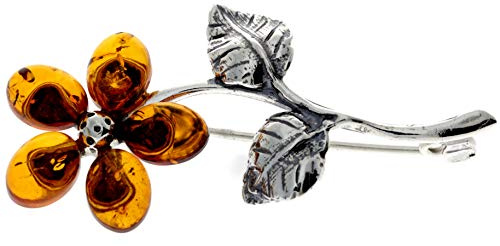 SilverAmber Jewellery Broche en forme de fleur en ambre de la Baltique véritable et argent sterling – 4015, Pierre Argent sterling Résine, Ambre