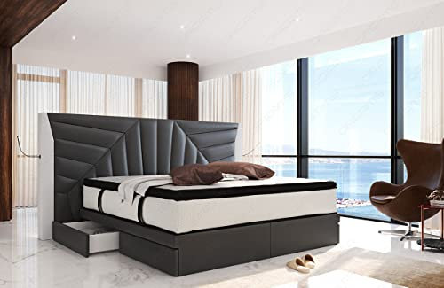 Sofa Dreams Boxspringbett Monaco mit Stauraum Lederbett mit LED Licht und USB-Anschlüssen (180 x 200 cm, grau-Weiss)