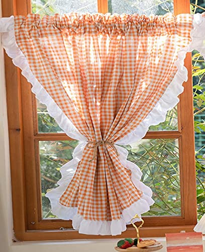A.Monamour Gardine Scheibengardinen Kurzstores Blickdichter Orange Kariert Gingham Vorhang Mit Chic Rüschenbesatz Kurzvorhang Kurzgardinen Küchengardine Küche Vorhang Fenster Kurz Stores Bistrogardine