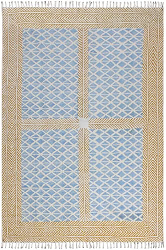 CASAVANI Handblockbedruckter Boho-Teppich, handgefertigt, geometrischer Quastenteppich, Baumwolle, leicht waschbar, Bodenteppich für Fußmatte, Eingangsbereich 120 x 180 cm (4 x 6 Fuß)