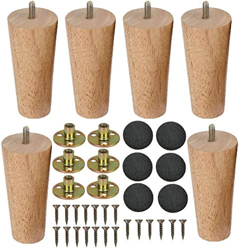 Pieds de meubles en Bois Pied de Table 6 Pièces Pieds de Table en Bois Conique Massif Pieds de Canapé Pieds de Meubles de Remplacement avec Vis de Plaque de Montage et Protecteur Antidérapant