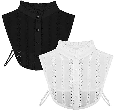 TAGVO 2 Piezas Collar Falso de Dama Desmontable Camisa Mujer, Algodón Cuello Media Blusa Elegante Blanco
