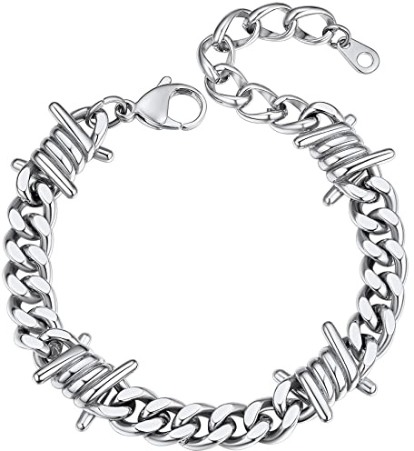ChainsHouse 9mm Cuban Link Bracelet with Spike Stainless Steel Barbed Wire Bracelet Goth Hip Hop Jewelry,Silver Gold Black Thorn Chain Bracelet,Adjustable 18cm with 5cm Extender