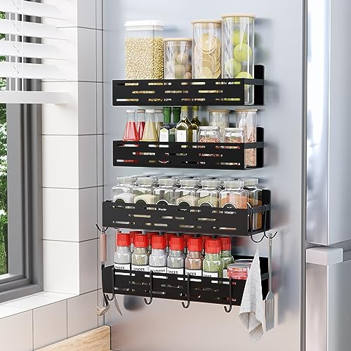 LokRoad 4 Stück Magnetisches Gewürzregal für Kühlschrank, Magnetisches Regal mit 8 Haken, Starker Magnet, Schwarz