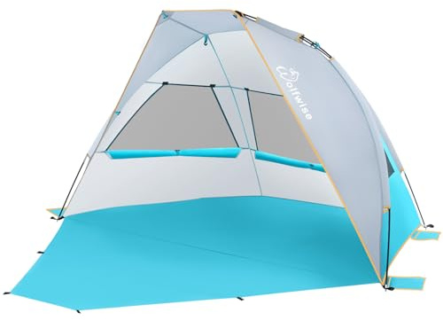 Wolfwise Strandmuschel mit UV-Schutz 50+, 4-5 Personen Strandzelt, Sonnenschutz Windschutz mit erweiterbarem Boden, Zelt Tragbar für Familie Camping Garten, 260 x140x150 cm (102 x55x59 IN), Blau