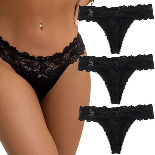 ohyeahlady Stringtrosa dam, sexig, 3-pack, spets, trosor, string, tanga, set, stora storlekar, trosor, stringtrosor, underbyxor, sexiga underkläder, svart/flerfärgad, svart, XS-S