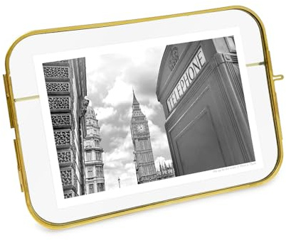 Isaac Jacobs 4x6 Vintage Style, Round-Edged Brass & Glass Metal Floating Picture Frame with Locket Closure (Horizontal), Made for Tabletop Display (6x4 Horizontal, Antique Gold)