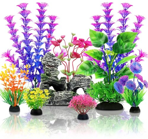 QUOZUO Fish Tank Accessories Aquarium Decorations Plants, 9pcs Colorful Fish Tank Artificial Plants and Cave Rock Decor Set, Aquarium Decor Plastic Plants