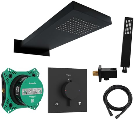 vanvilla Duschsystem Unterputz mit Duscharmatur Hansgrohe schwarz HGS208 | Duscharmatur von Hansgrohe Ecostat Comfort E Thermostat Armatur und vanvilla Regendusche eckig, Dusch-SET schwarz matt