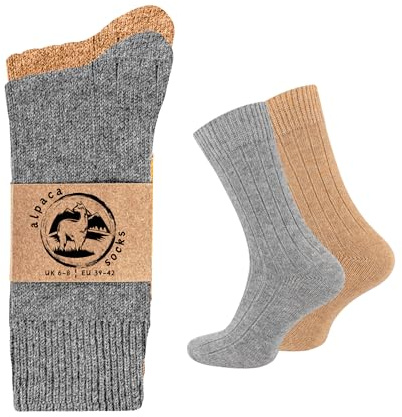 Alpacka ullstrumpor för män och kvinnor, 2 par pack, mjuka, mysiga andningsbara, bekväma, lätta dämpade, termiska promenader vandring ullstrumpor, Beige-Grå, 35.5-37.5 EU