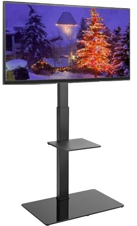121AV Universal Floor TV Stand for 37-70 inch LED OLED LCD Plasma Flat Curved Screens, Height Adjustable Tall Swivel TV Stand with Tempered Glass Shelves up to 40KG, Max VESA 600x400mm - Black