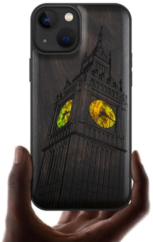 Carveit Coque Magnétique pour iPhone 13 Étui de Protection TPU, Gravure en Bois et Incrustation de Coquille Cover Compatible avec 13 Magsafe Coque (Bois Sombre-Big Ben de Londres)