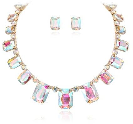 EVER FAITH Schillernd Klar AB Schmuckset quadratischer Strass-Kristall glitzernder Art Deco Kostüm Statement Halskette und Ohrstecker Set