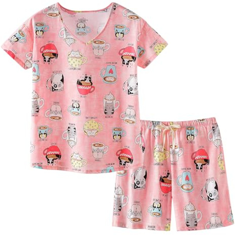 CHUNG Women Short Pajama Set Ladies Cotton Print Short Sleeve Top Pyjama shorts 2 Pcs T-Shirt & Shorts Loungewear Summer