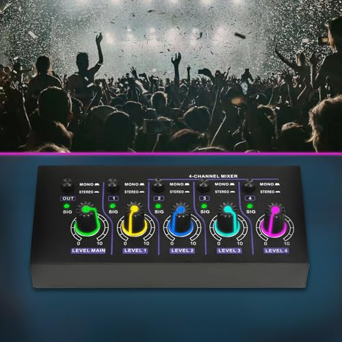 Mischpult Audio Interfac mit Bluetooth DJ Sound Console Amplifier, Mini Audio Mixer 4-Kanal Line Mixer, Audiomixer mit geringem Rauschen, 4-in-1-Out Unterstützung Mono Stereo-Audio-Mischpult (4)